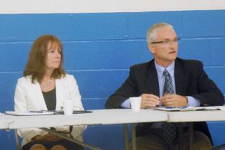 Superintendents at the LDSB Barb Fraser-Stiff and Andre Labrie at the September 15 special meeting at Clarendon Central PS to address the staff cuts there